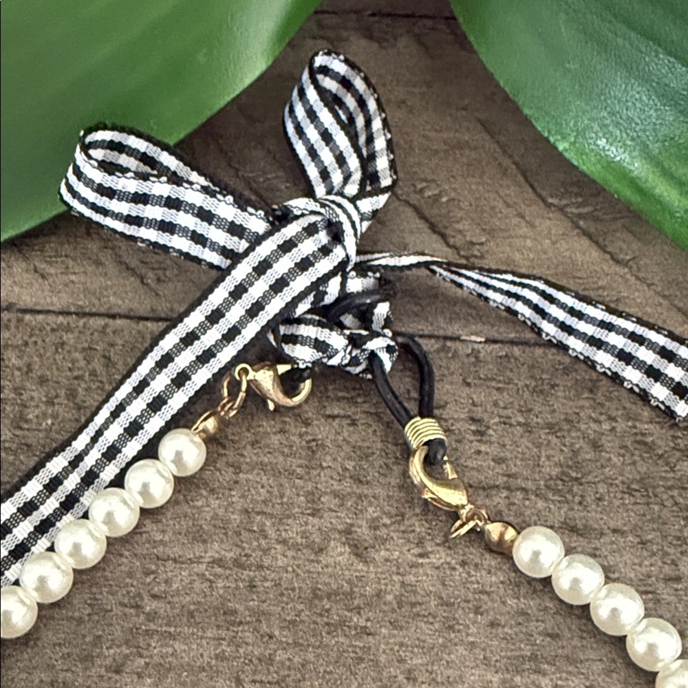 Repurposed Faux Pearl Necklace with Ribbon Accent - Picture 2 of 4